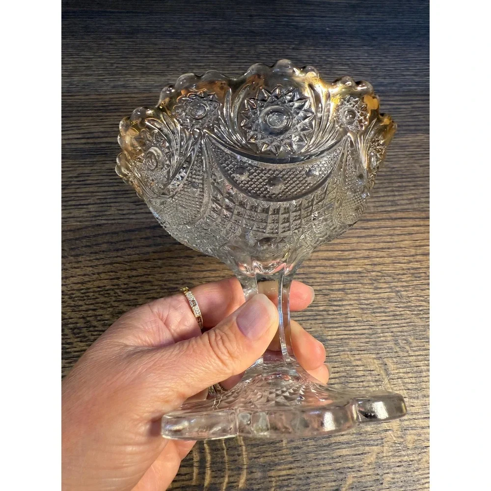 Antique EAPG Compote Bowl: Daisy Button Pattern, Gold Rim Pedestal‎ Dish